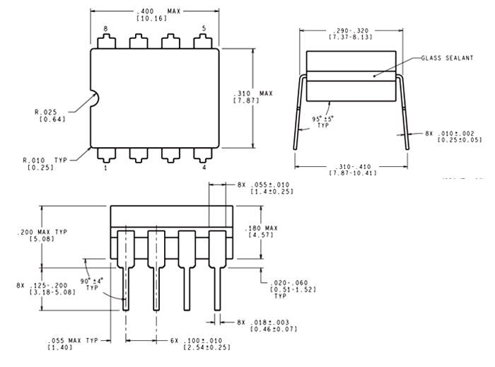 2D-Model and Dimensions of AD623 IC
